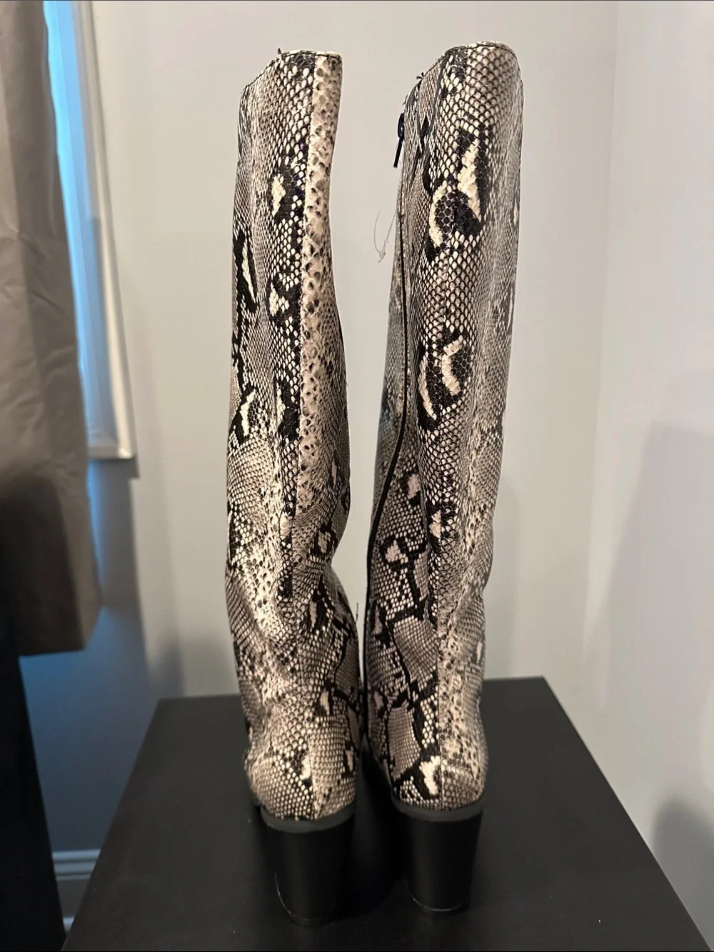 Snake Print Knee-High Block Heel Boots - Beige/Black
